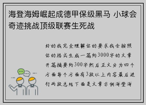 海登海姆崛起成德甲保级黑马 小球会奇迹挑战顶级联赛生死战 海登海姆崛起成德甲保级黑马 小球会奇迹挑战顶级联赛生死战