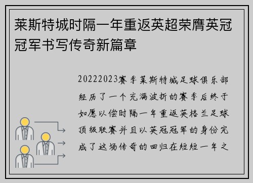 莱斯特城时隔一年重返英超荣膺英冠冠军书写传奇新篇章 莱斯特城时隔一年重返英超荣膺英冠冠军书写传奇新篇章
